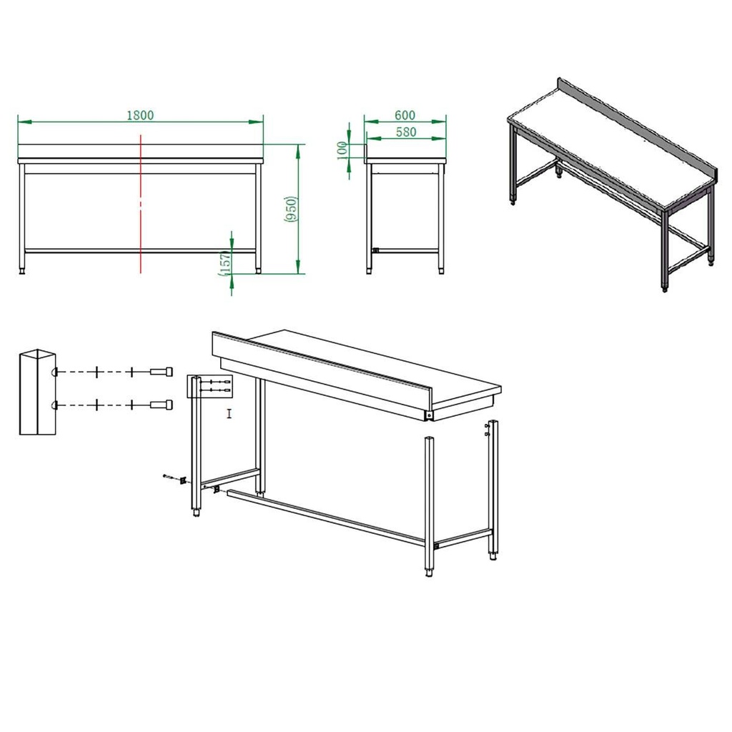 Arbeitstisch / unterfahrbar mit Aufkantung, 1800 x 600 mm