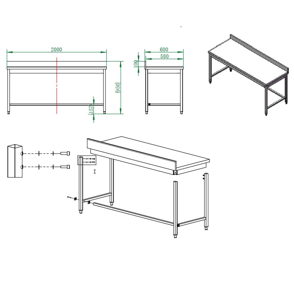 Arbeitstisch / unterfahrbar mit Aufkantung, 2000 x 600 mm