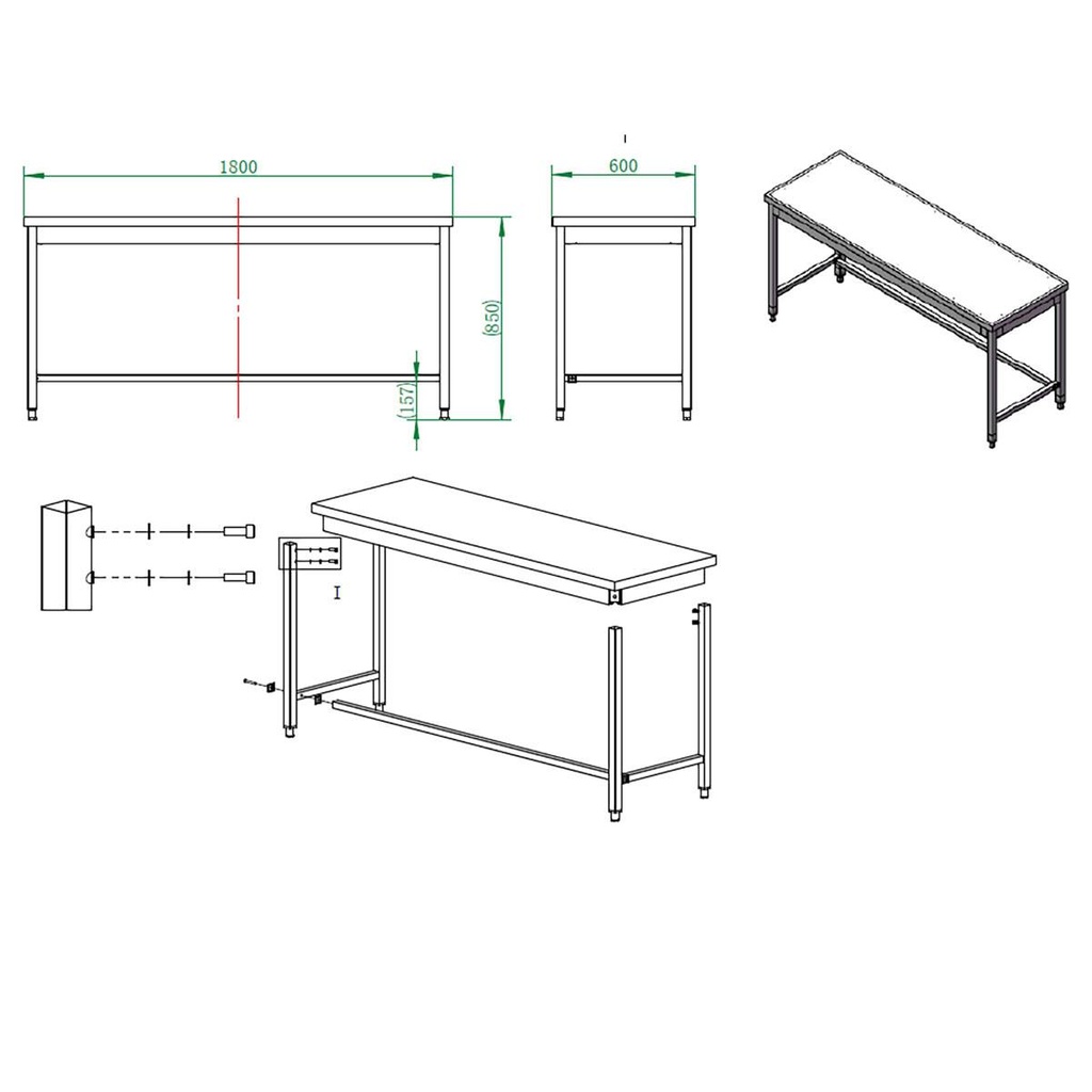 Arbeitstisch / unterfahrbar, 1800 x 600 mm