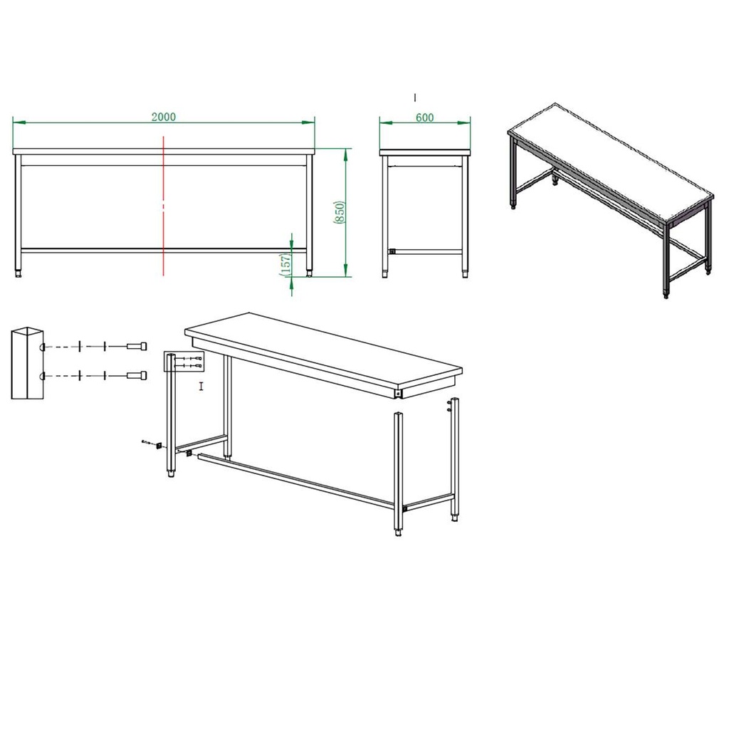 Arbeitstisch / unterfahrbar, 2000 x 600 mm