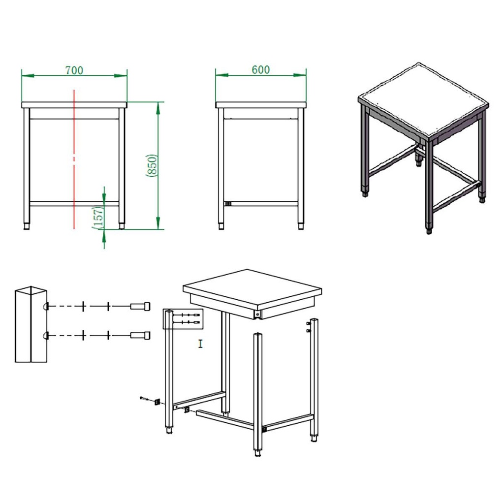 Arbeitstisch / unterfahrbar, 600 x 700 mm