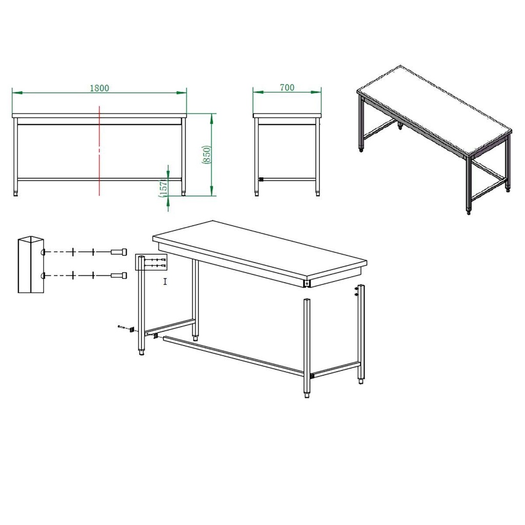 Arbeitstisch / unterfahrbar, 1800 x 700 mm