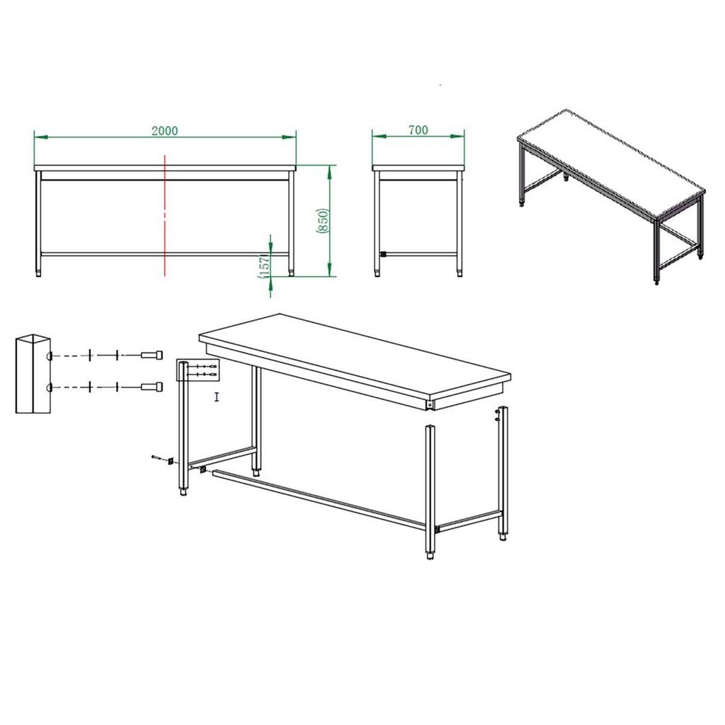 Arbeitstisch / unterfahrbar, 2000 x 700 mm