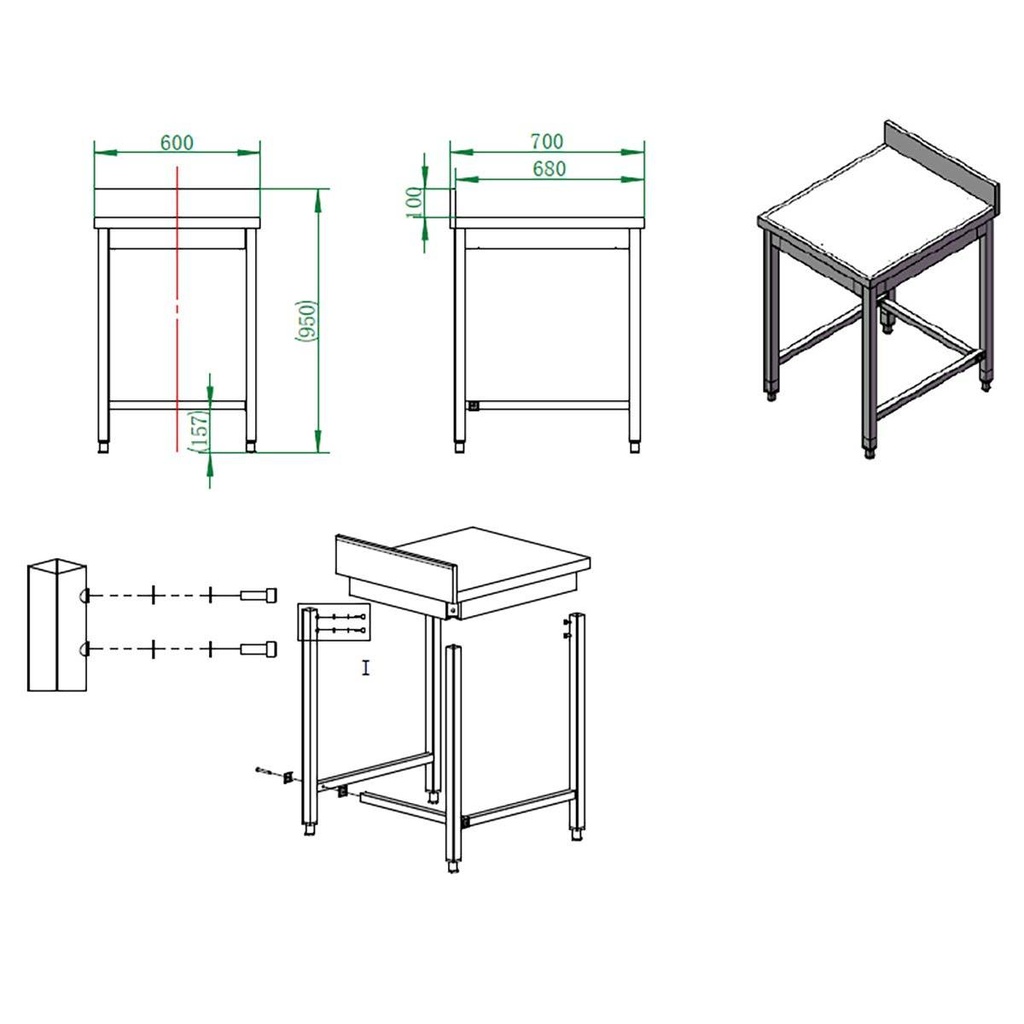 Arbeitstisch / unterfahrbar mit Aufkantung, 600 x 700 mm