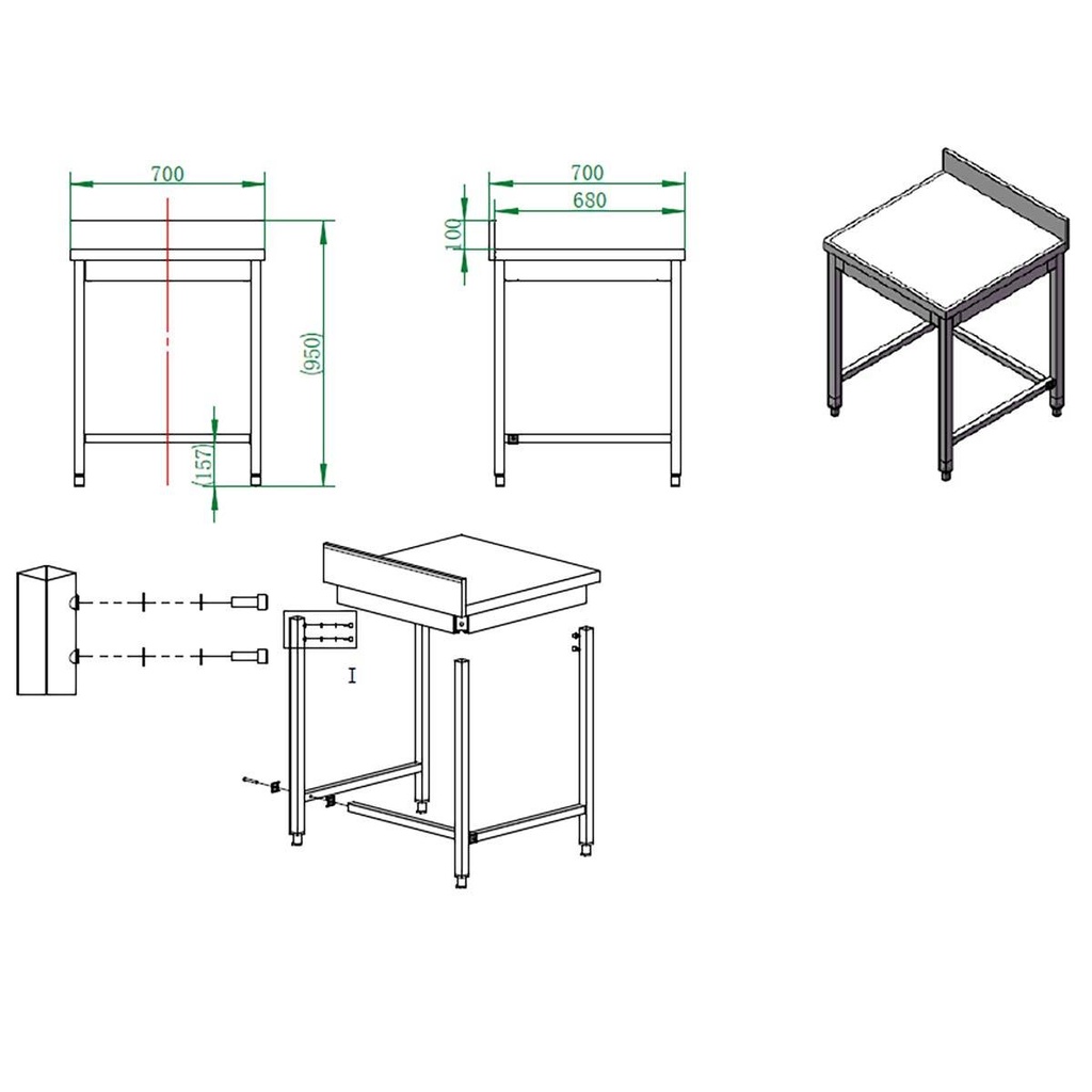Arbeitstisch / unterfahrbar mit Aufkantung, 700 x 700 mm