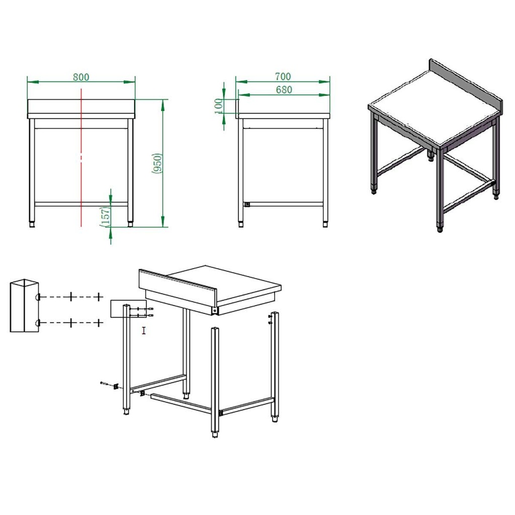 Arbeitstisch / unterfahrbar mit Aufkantung, 800 x 700 mm