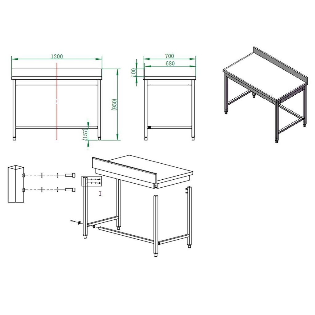 Arbeitstisch / unterfahrbar mit Aufkantung, 1200 x 700 mm