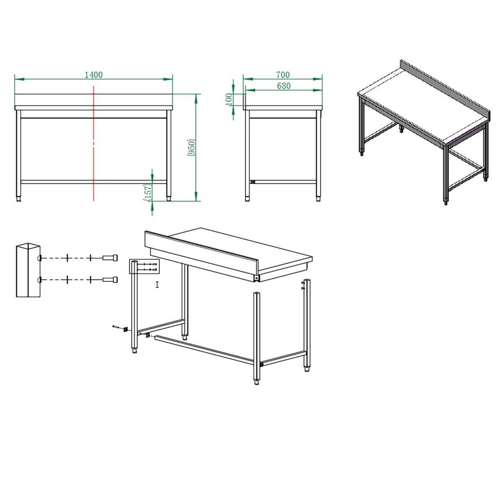 Arbeitstisch / unterfahrbar mit Aufkantung, 1400 x 700 mm