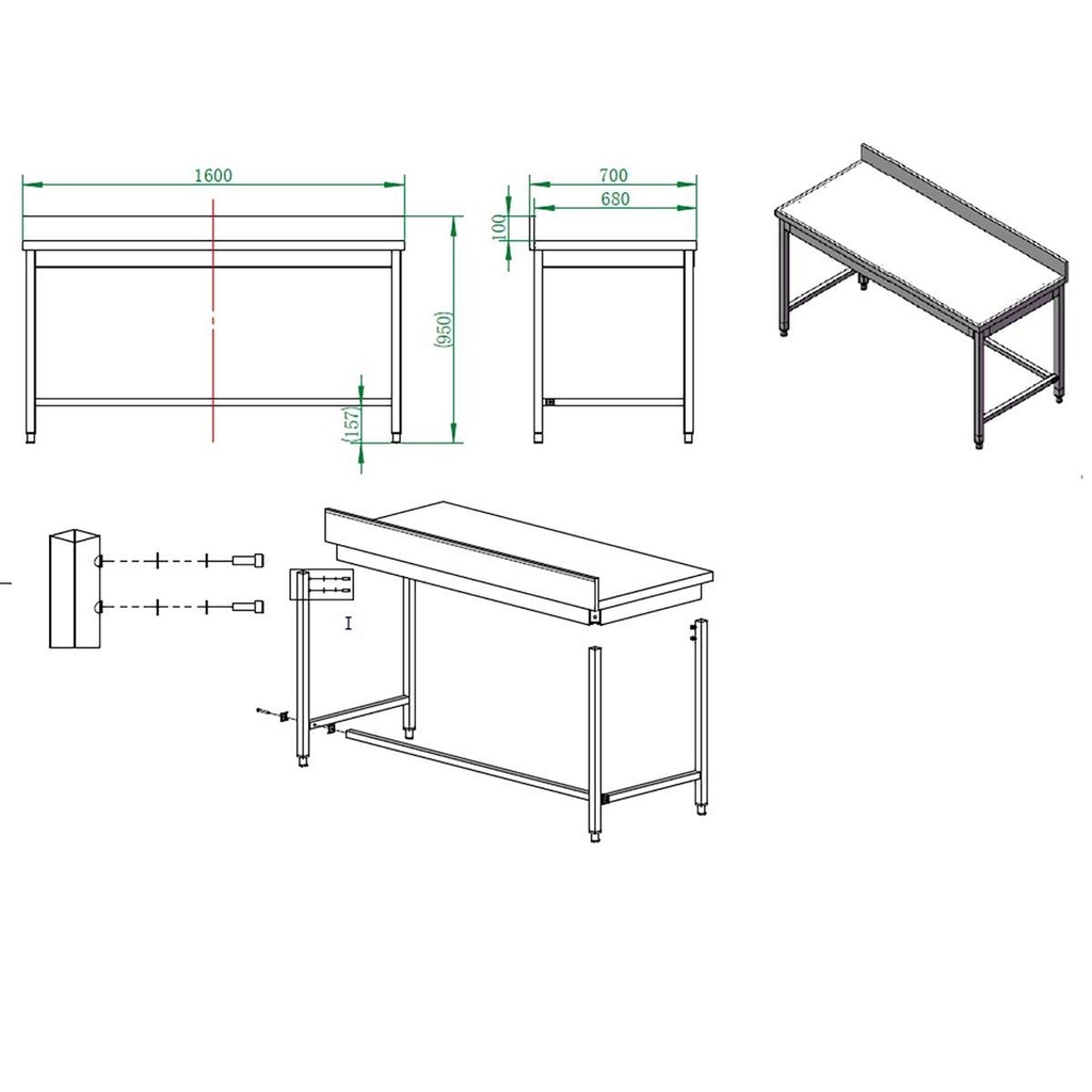 Arbeitstisch / unterfahrbar mit Aufkantung, 1600 x 700 mm