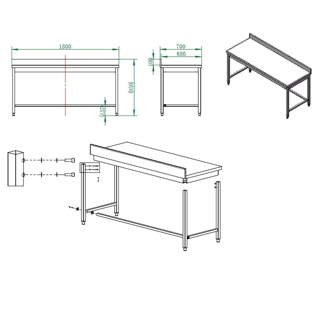 Arbeitstisch / unterfahrbar mit Aufkantung, 1800 x 700 mm