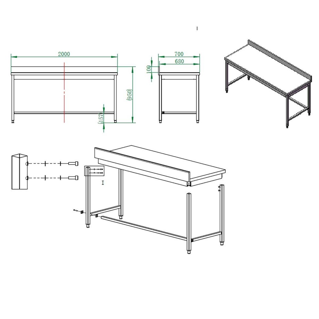 Arbeitstisch / unterfahrbar mit Aufkantung, 2000 x 700 mm