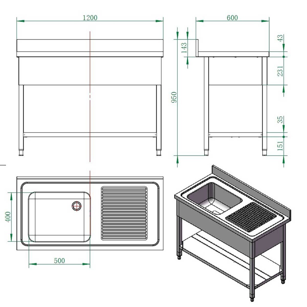 Spültisch / 1 Becken links und Abtropffläche, 1200 x 600 mm