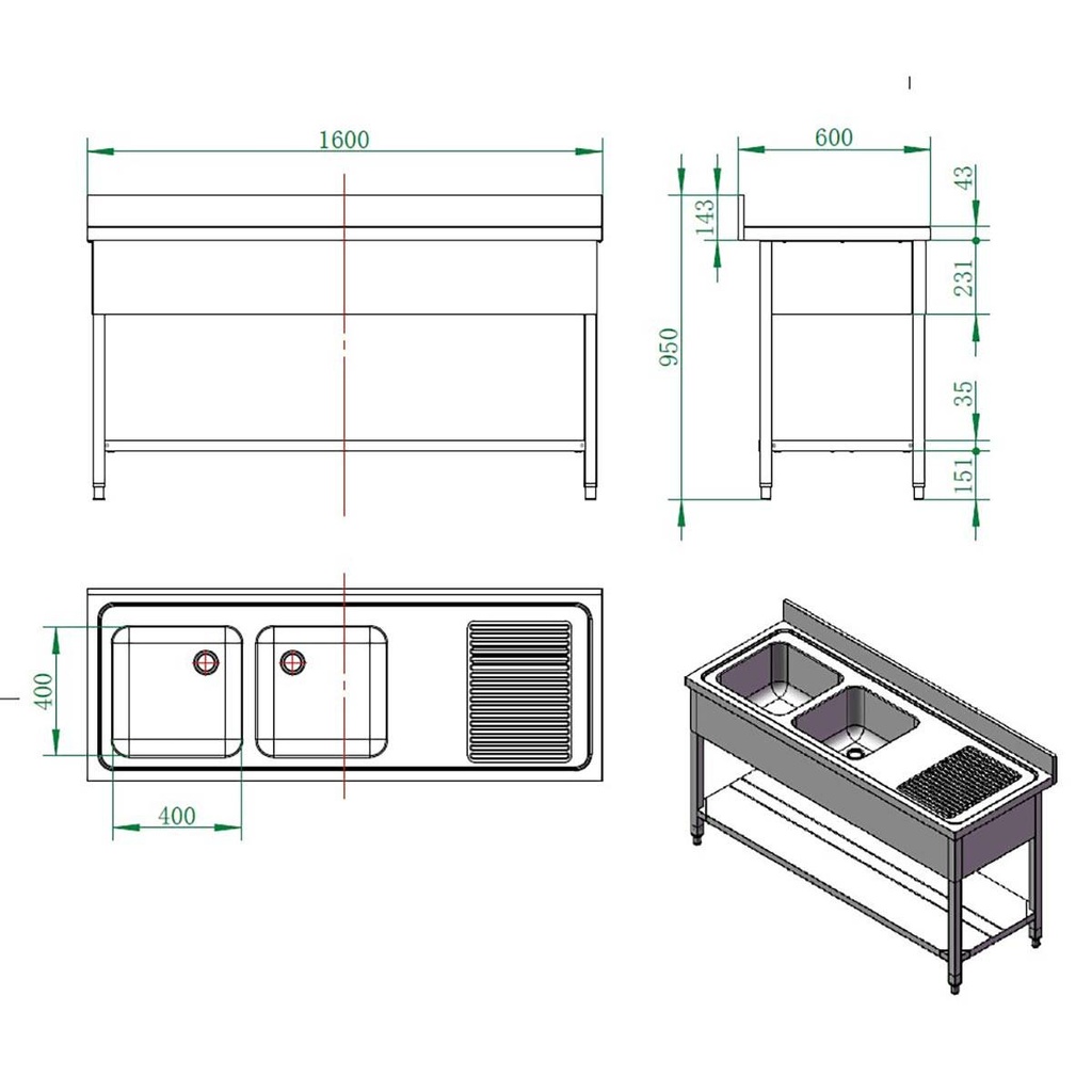 Spültisch / 2 Becken links und Abtropffläche, 1600 x 600 mm