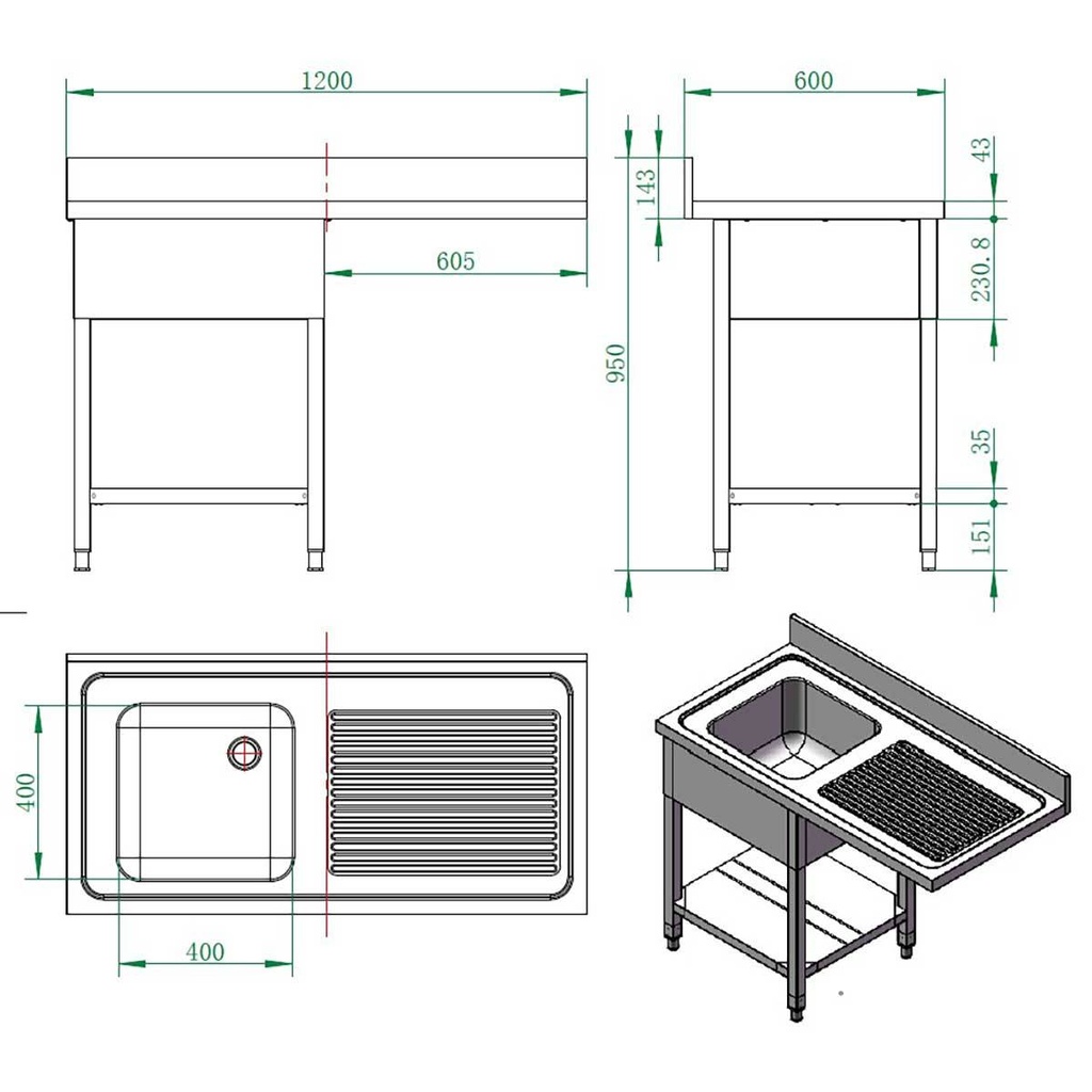 Spülcenter / 1 Becken links, 1200 x 600 mm