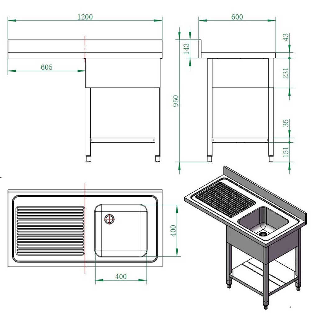 Spülcenter / 1 Becken rechts, 1200 x 600 mm