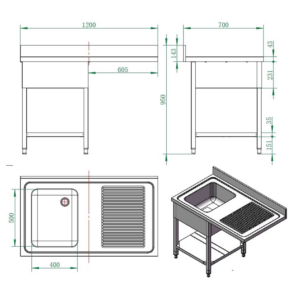 Spülcenter / 1 Becken links, 1200 x 700 mm