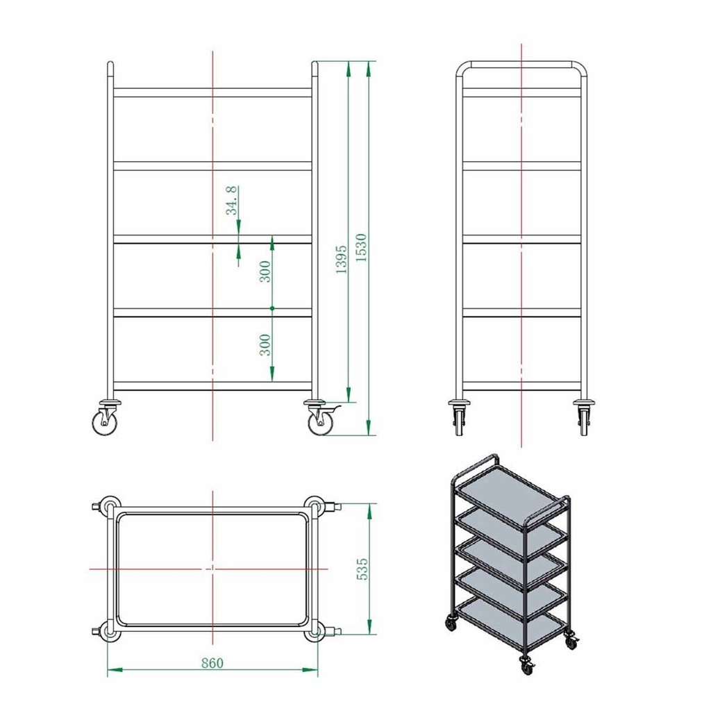 Servierwagen Edelstahl / 5 Böden, 860 x 540 mm