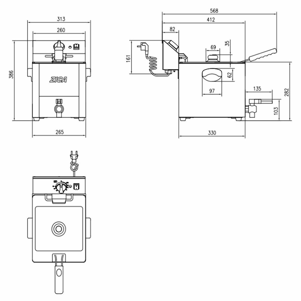 Elektro Fritteuse 1 Becken mit Ablasshahn 8 Liter, 310 x 570 mm