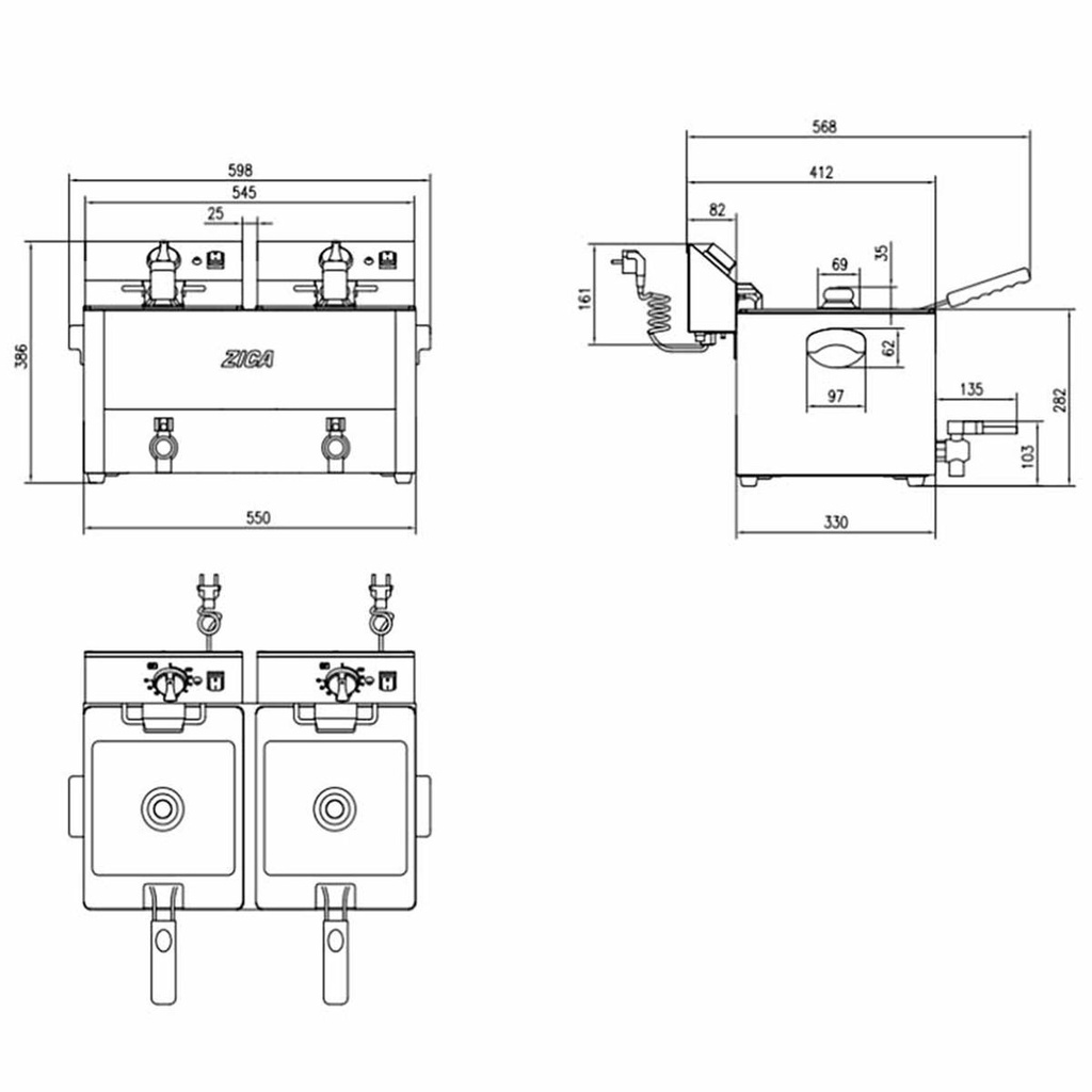 Elektro Fritteuse 2 Becken mit Ablasshahn 8 + 8 Liter, 600 x 570 mm