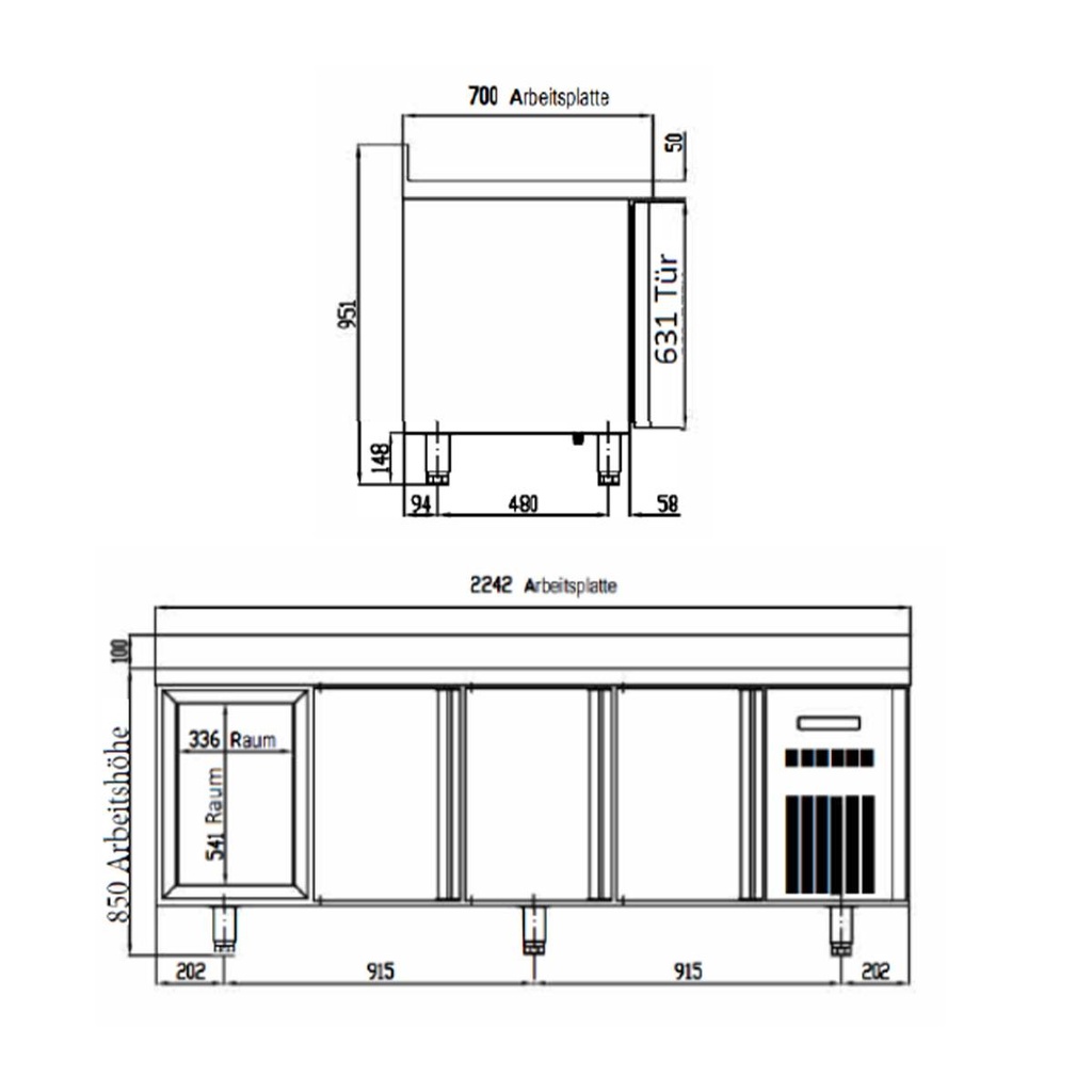 TOPLINE Kühltisch / 4-fach GN1/1 mit 4 Türen & Aufkantung, 2245 x 700 mm