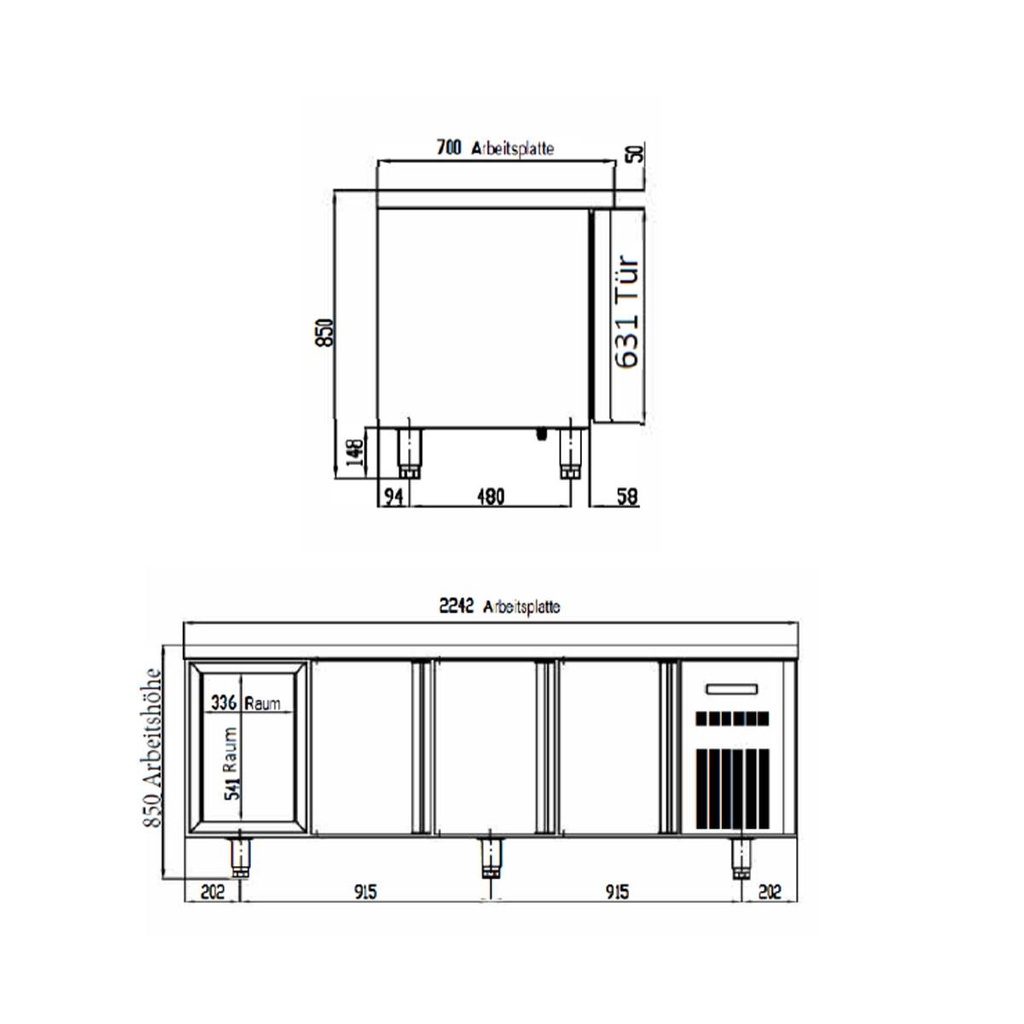 TOPLINE Kühltisch / 4-fach GN1/1 mit 2 Schubladen / 3 Türen, 2245 x 700 mm