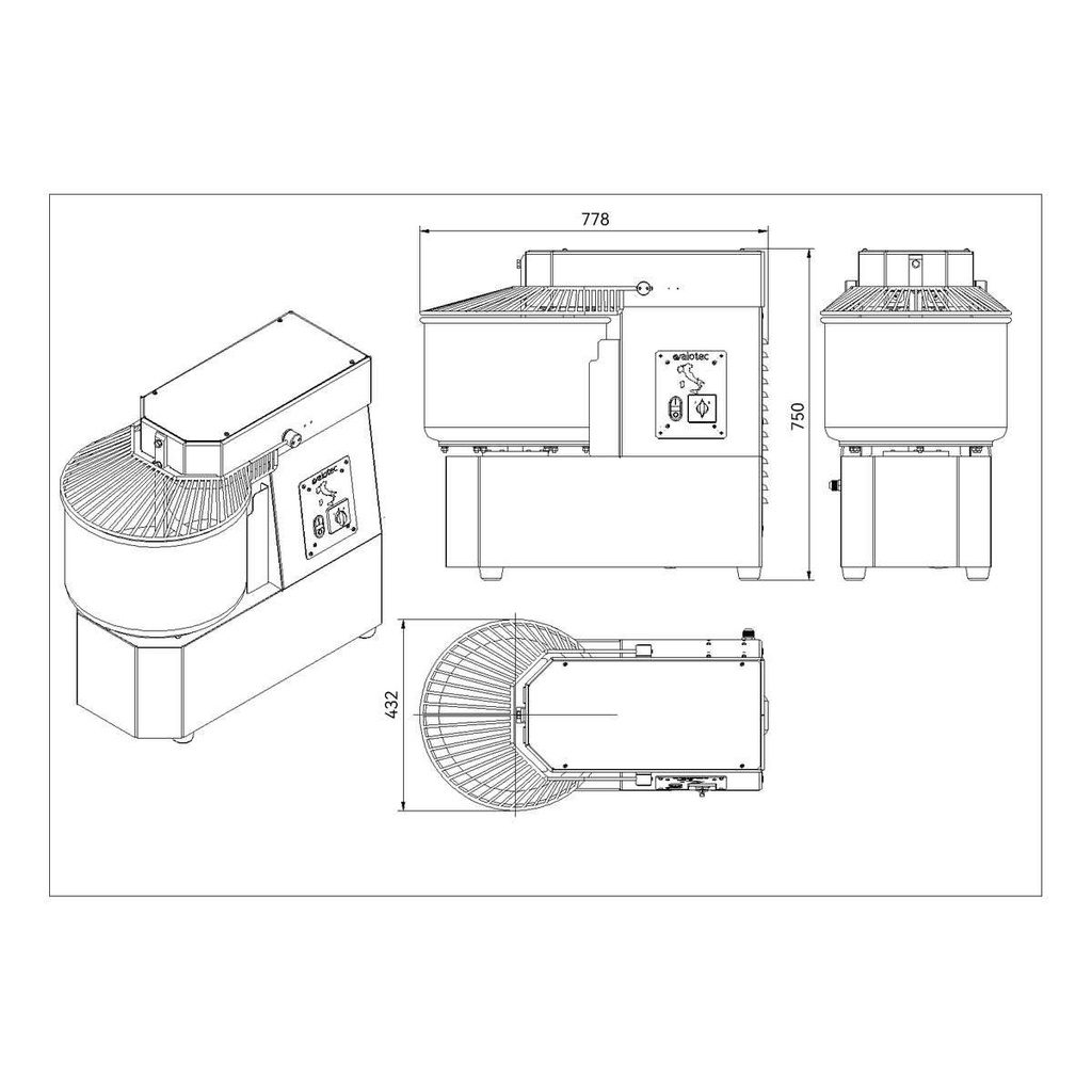 Teigknetmaschine fester Kessel - 30 Liter / 400 Volt / 2 Geschwindigkeiten, 380 x 736 mm