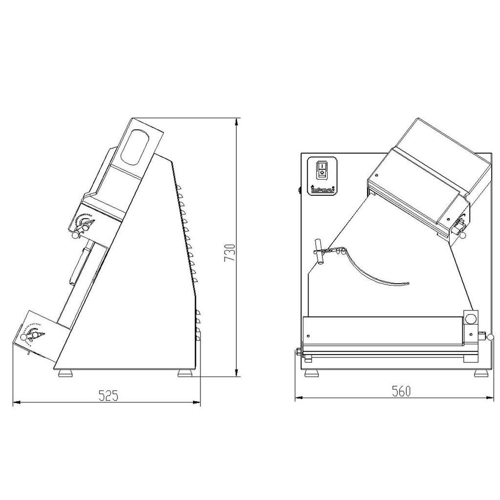 Teigausrollmaschine 40 cm schräg, 560 x 525 mm