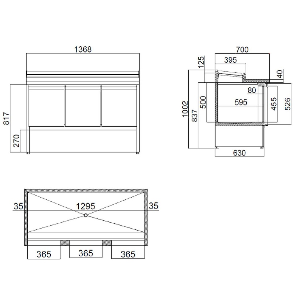 Zubereitungstisch Mini / 3-fach für 7x GN 1/3, 1365 x 700 mm