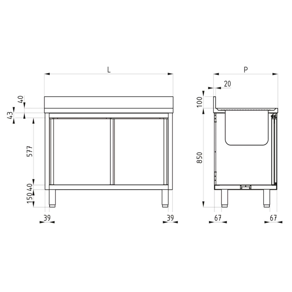 TOPLINE Spülschrank / 1 Becken rechts mit Schiebetüren, 1400 x 700 mm
