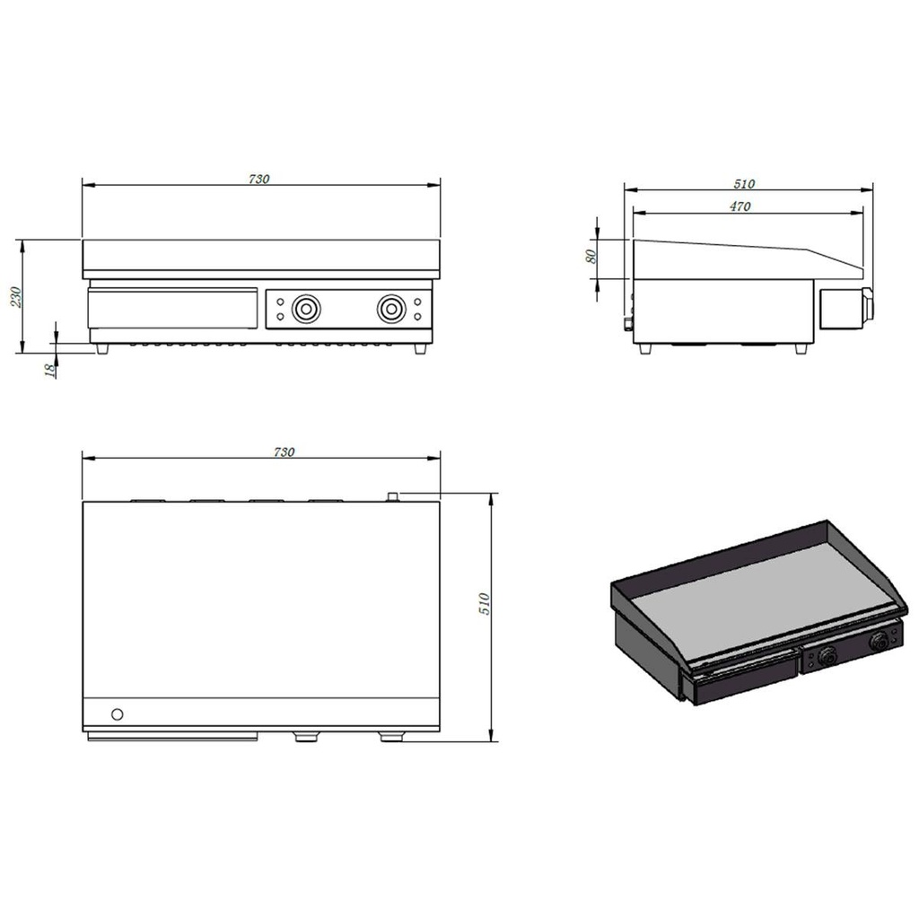 Elektro Grillplatte, Grillfläche glatt, 730 x 510 mm