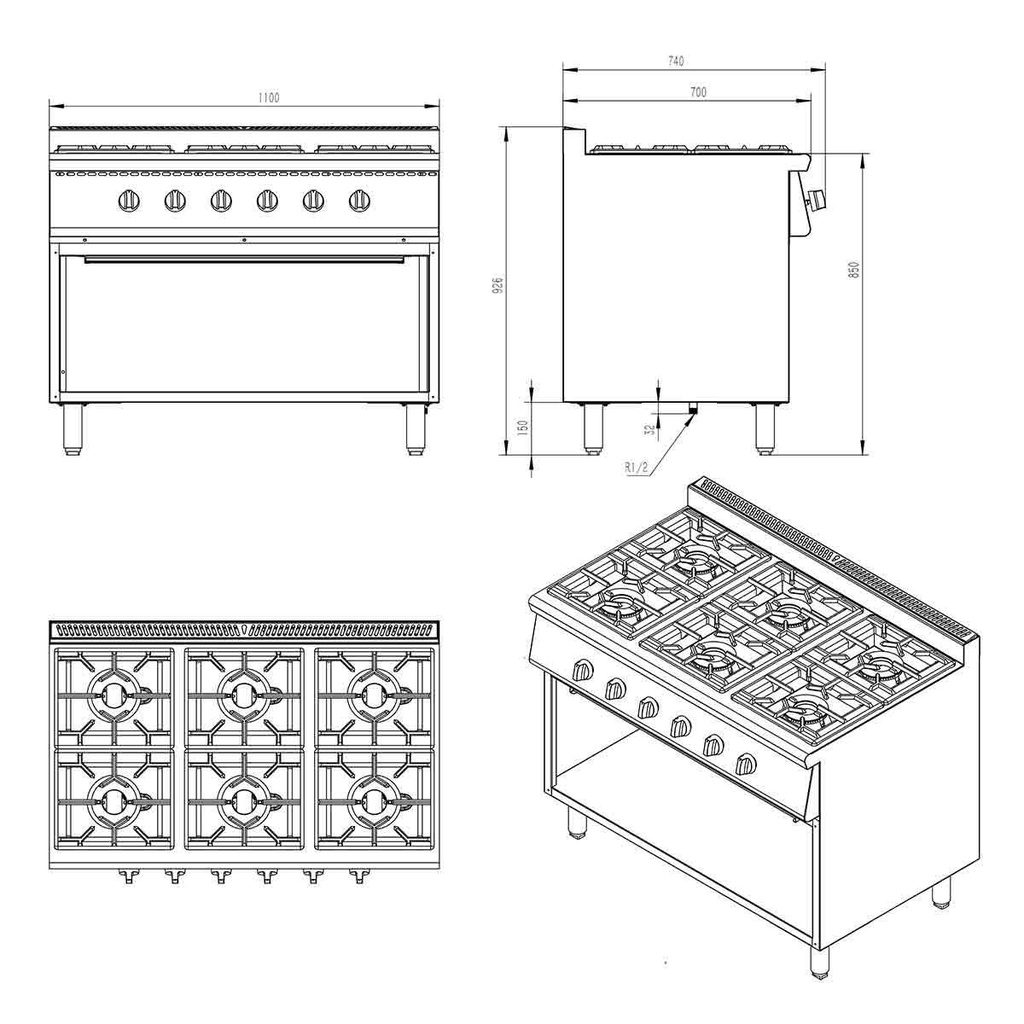 Gasherd - 6 Brenner 43,2 kW - offener Unterbau, 1100 x 700 mm