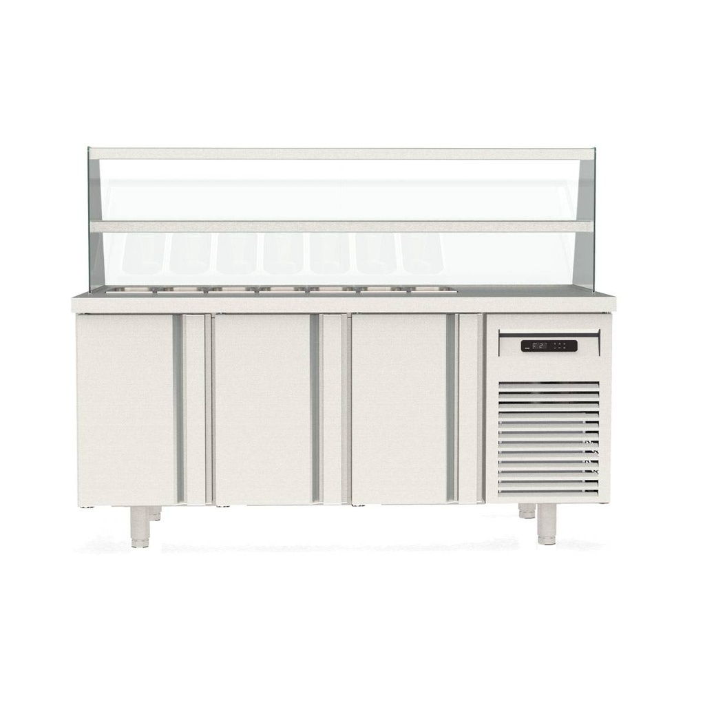 TOPLINE Kebabstation / 3-fach mit Türen, Glasaufsatz mit Zwischenetage, GN 1/3, 1795 x 700 mm