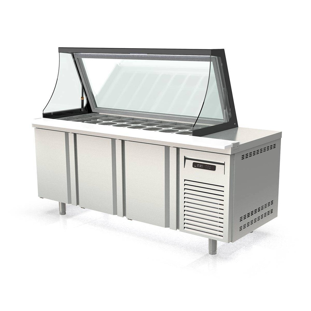 TOPLINE Zubereitungstisch / 3-fach mit Türen, Glasklappdeckel, GN 1/6, EN 60x40, 2020 x 800 mm