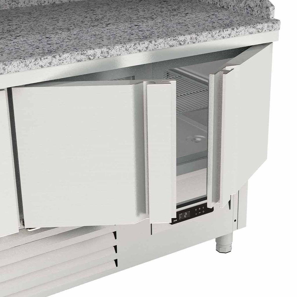 TOPLINE Pizzatisch / 3-fach mit Türen, Granitplatte grau, inkl. Kühlaufsatz, GN 1/4, 1370 x 700 mm