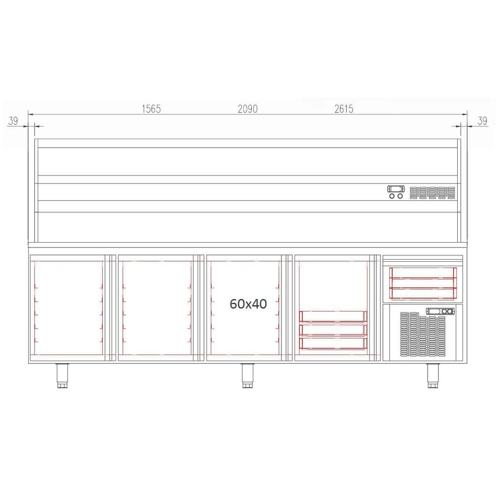 TOPLINE Pizzatisch / 2-fach mit Türen, EN 60x40, Schublade, Granitplatte grau, inkl. Kühlaufsatz, GN 1/4, 1565 x 800 mm