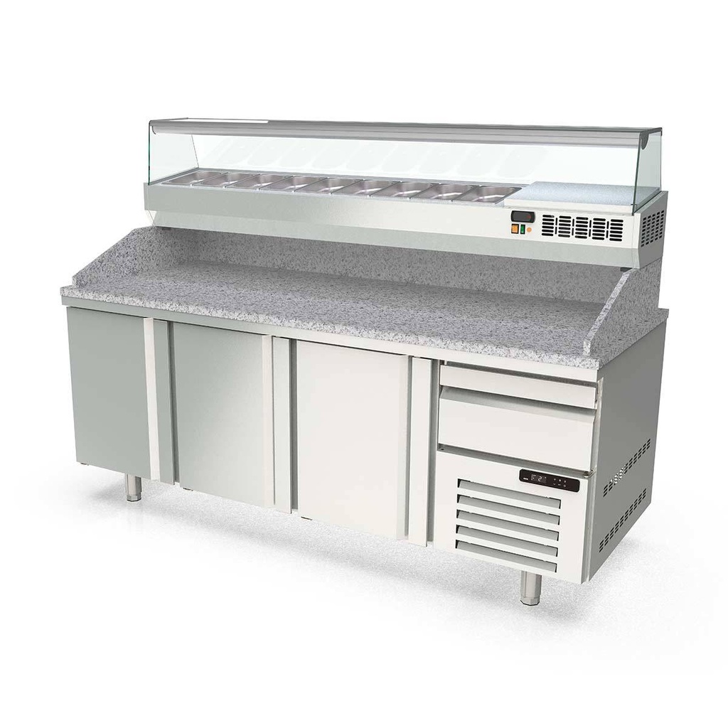 TOPLINE Pizzatisch / 3-fach mit Türen, EN 60x40, Schublade, Granitplatte grau, inkl. Kühlaufsatz, GN 1/4, 2090 x 800 mm