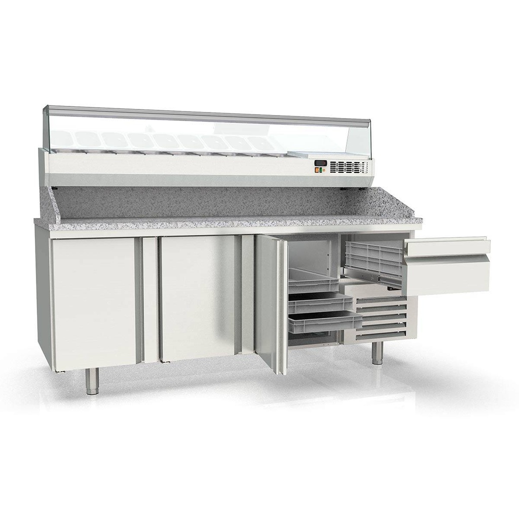 TOPLINE Pizzatisch / 3-fach mit Türen, EN 60x40, Schublade, Granitplatte grau, inkl. Kühlaufsatz, GN 1/4, 2090 x 800 mm