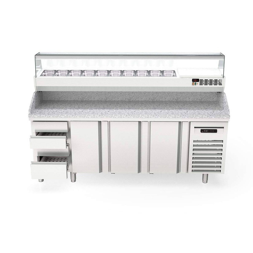 TOPLINE Pizzatisch / 4-fach mit 3 Türen, Schubladenblock, Granitplatte grau, inkl. Kühlaufsatz, GN 1/4, 2245 x 700 mm