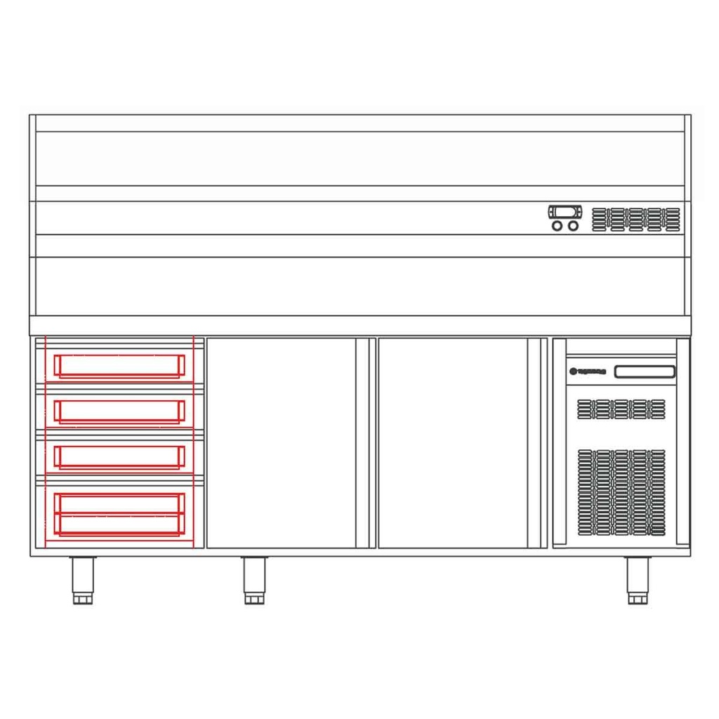 TOPLINE Pizzatisch / 3-fach mit 2 Türen, EN 60x40, Schubladenblock, Granitplatte grau, inkl. Kühlaufsatz, GN 1/4, 2020 x 800 mm