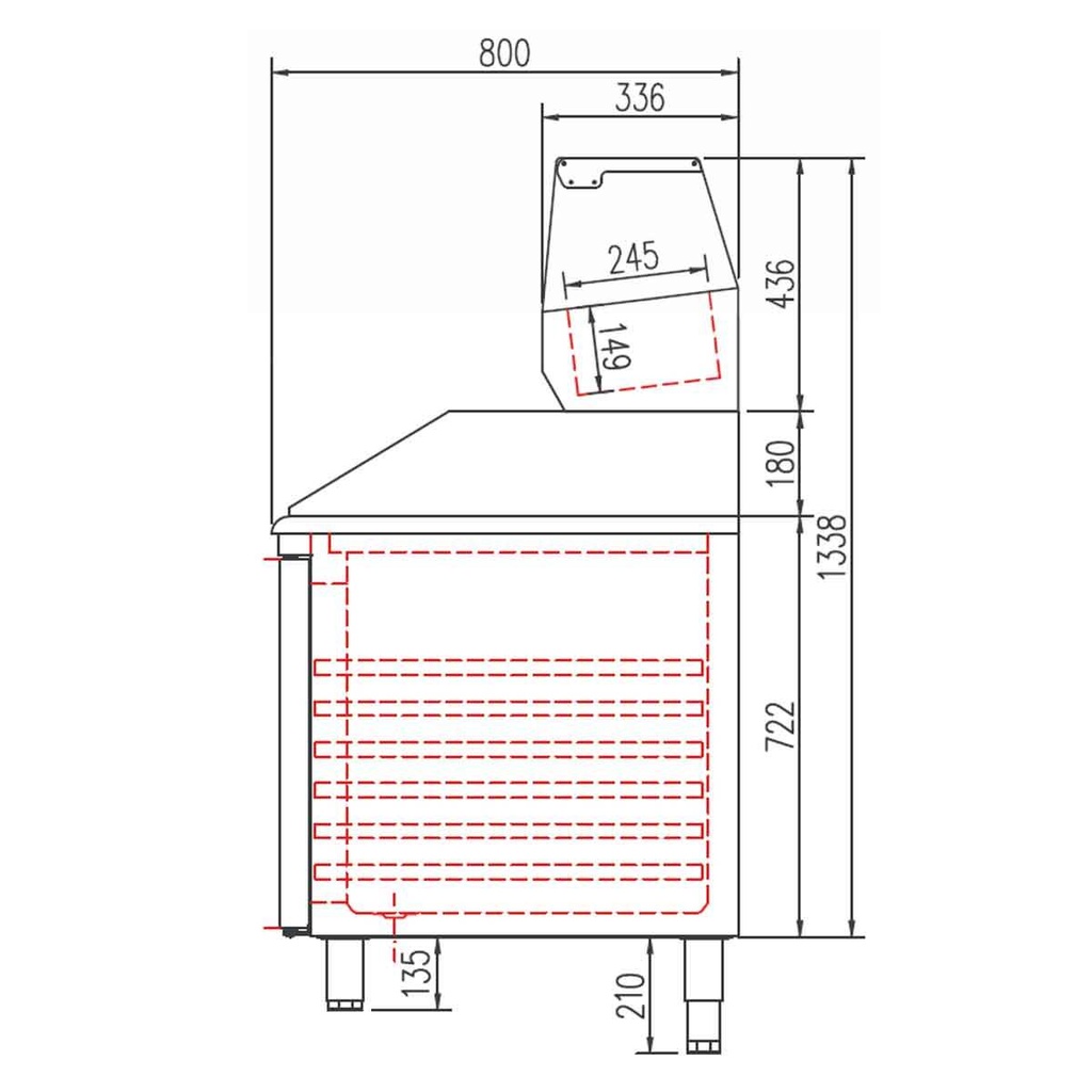 TOPLINE Pizzatisch / 4-fach mit 3 Türen, EN 60x40, Schubladenblock, Granitplatte grau, inkl. Kühlaufsatz, GN 1/4, 2545 x 800 mm