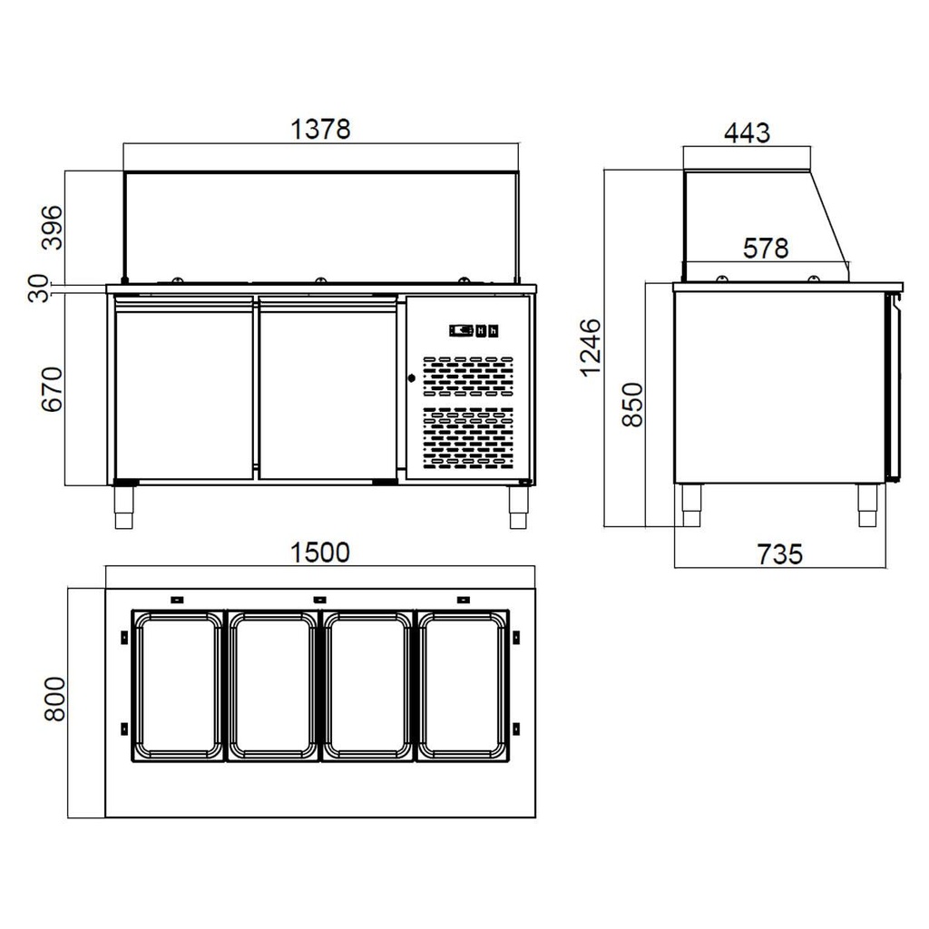 Salattheke / 2-fach mit Türen, Glasaufbau, für 4x GN 1/1 "grau", 1500 x 800 mm