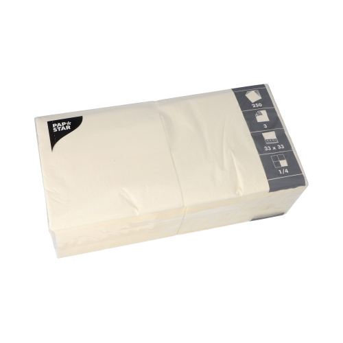 250 Servietten, 3-lagig 1/4-Falz 33 cm x 33 cm creme