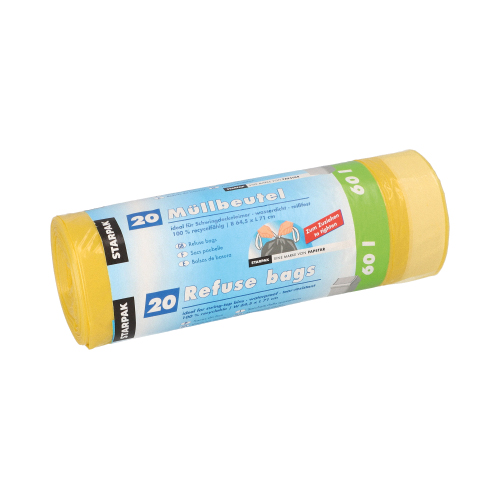 20 Müllbeutel mit Zugband, LDPE 60 L 71 cm x 64,5 cm gelb
