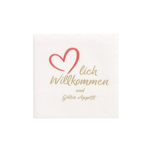 125 Servietten, 2-lagig "PUNTO" 1/4-Falz 20 cm x 20 cm weiss "Herzlich Willkommen & Guten Appetit"