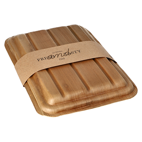 10 Trays, Palmblatt "pure" eckig 500 ml 6,5 cm x 17,5 cm x 25,5 cm mit Deckel und Banderole