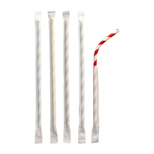 100 Trinkhalme, flexibel, Papier Ø 6 mm · 20 cm farbig sortiert "Stripes" einzeln gehüllt
