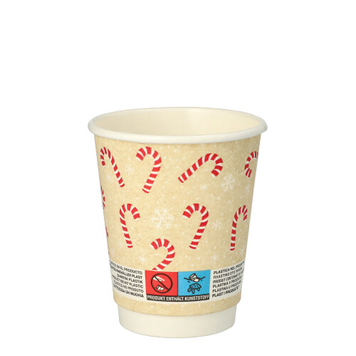 25 Trinkbecher, Pappe 0,2 L Ø 8 cm · 9,3 cm "Candy Canes " doppelwandig
