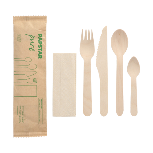 50 Bestecksets Holz "pure" : Messer, Gabel, Löffel, Kaffeelöffel, Serviette in Papierbeutel
