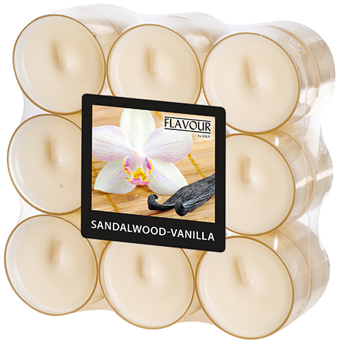 18 "GALA" Duftlichte Ø 38 mm · 24 mm elfenbein - Sandalwood-Vanilla in Polycarbonathülle