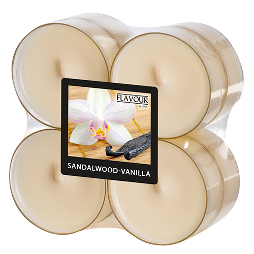 8 "GALA" Maxi Duftlichte Ø 59 mm · 24 mm elfenbein - Sandalwood-Vanilla Polycarbonathülle